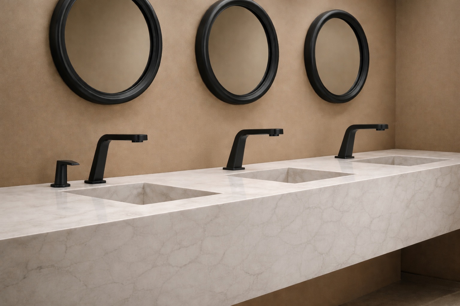 Touchless commercial faucet and soap dispenser installed in restroom